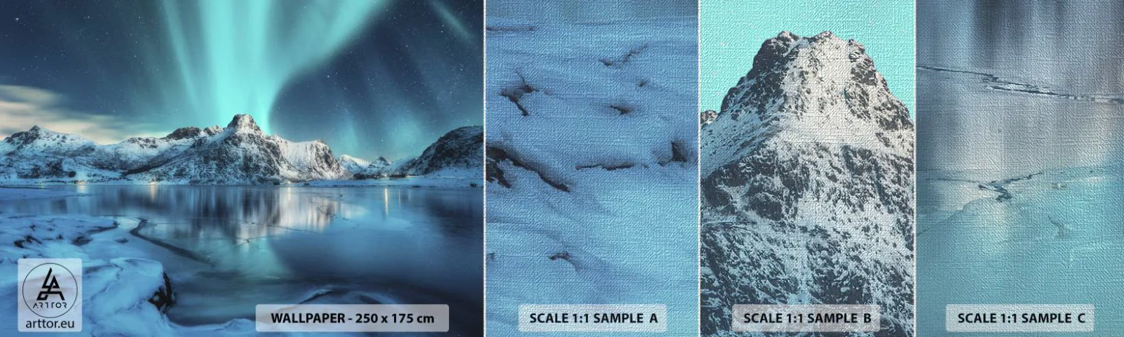 Échantillon de Papier Peint Premium Canvas - Nuit de lumières - Aurores boréales, Norvège, Paysage - 100x30 cm