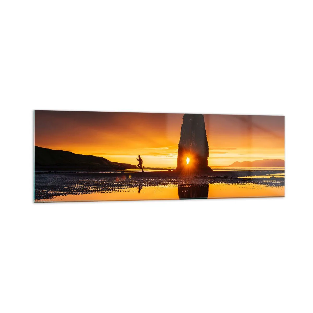 Impression sur verre - Image sur verre - Personne courant sur la plage au coucher du soleil avec formation rocheuse - 160x50cm - Juste vous et la nature - Décoration murale moderne pour le salon et la chambre ARTTOR