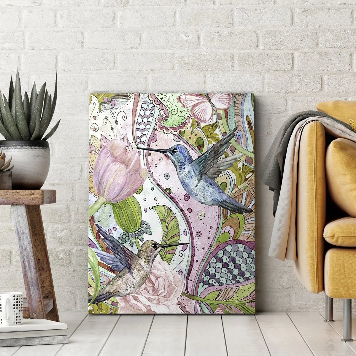 Impression sur toile - Image sur toile - Colibris et papillons colorés parmi les plantes - 70x100cm - Empêtré dans les vignes - Décoration murale moderne pour le salon et la chambre ARTTOR