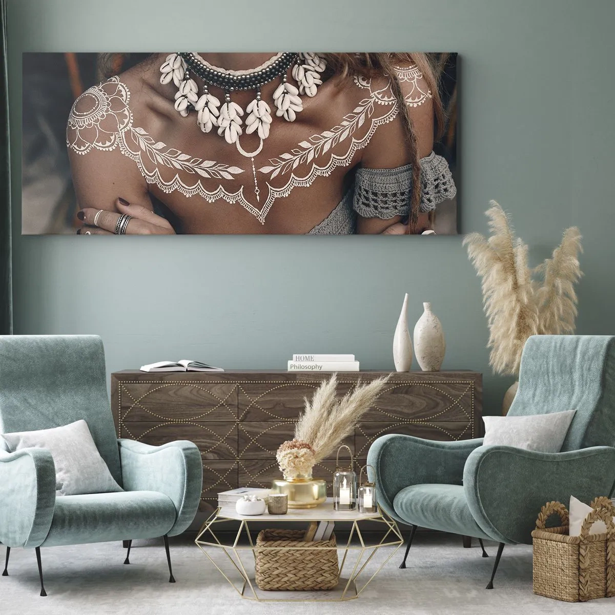 Impression sur toile - Image sur toile - Style bohème avec bijoux coquillages et motif dentelle - 120x50cm - Talismans, rituels de la féminité - Décoration murale moderne pour le salon et la chambre ARTTOR