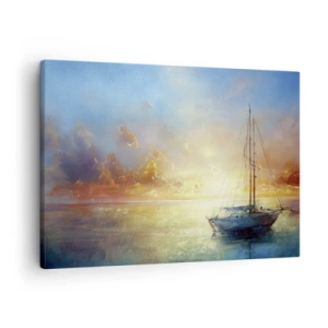 Impression sur toile - Image sur toile - Un yacht sur une mer calme au coucher du soleil - 70x50cm - Dans une baie dorée - Décoration murale moderne pour le salon et la chambre ARTTOR