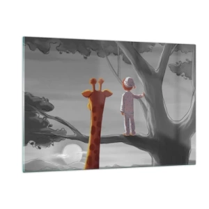 Impression sur verre - Image sur verre - Un enfant en pyjama et une girafe regardent le coucher de soleil depuis un arbre. - 120x80cm - Cela arrive vraiment - Décoration murale moderne pour le salon et la chambre ARTTOR