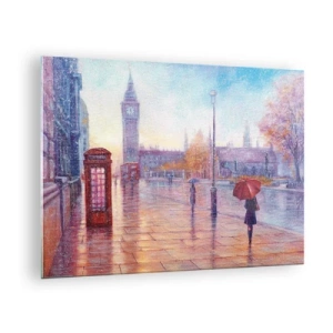 Impression sur verre - Image sur verre - Scène londonienne sous la pluie avec Big Ben et la boîte rouge - 70x50cm - Jour automnal londonien - Décoration murale moderne pour le salon et la chambre ARTTOR