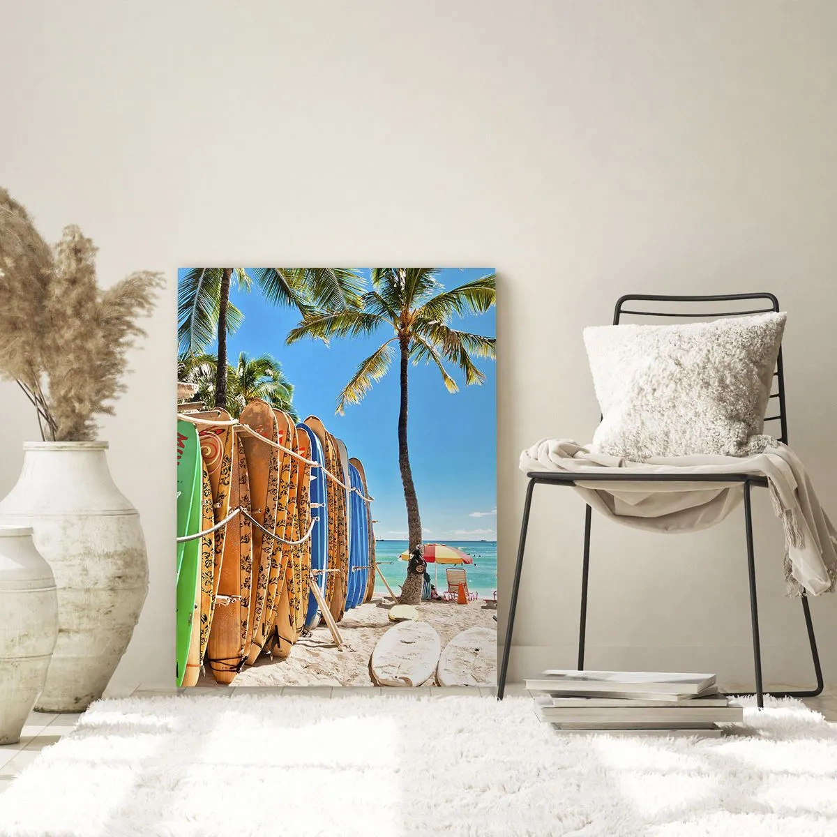 Impression sur verre - Image sur verre - Planches de surf colorées sur une plage tropicale - 50x70cm - Jeux ensoleillés - Décoration murale moderne pour le salon et la chambre ARTTOR