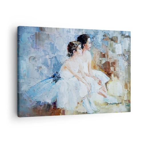 Impression sur toile - Image sur toile - Deux ballerines en tenue blanche se détendent sur un fond pastel. - 70x50cm - Reste de jeunes cygnes - Décoration murale moderne pour le salon et la chambre ARTTOR