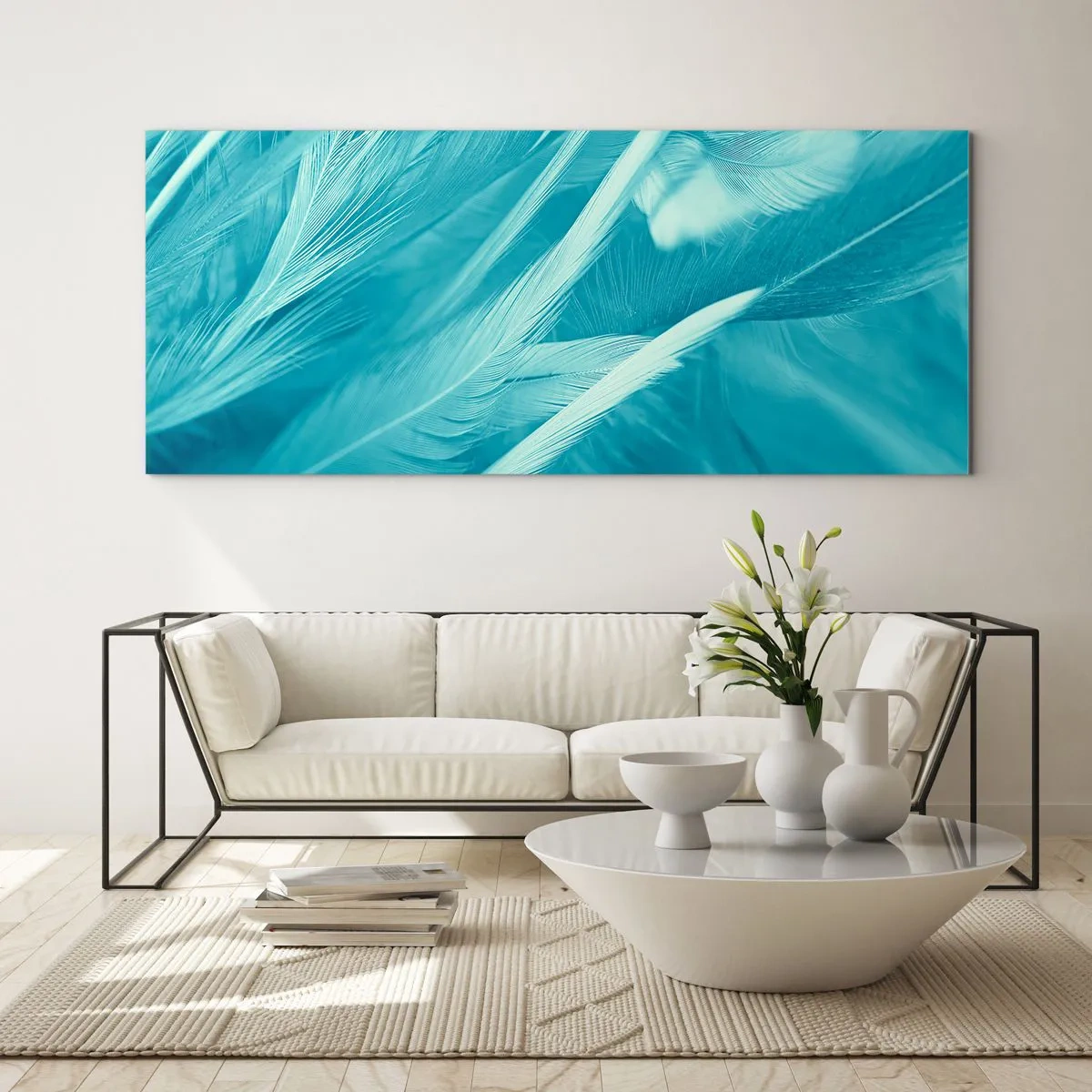 Impression sur verre - Image sur verre - Gros plan de délicates plumes turquoises - 140x50cm - Se noyer dans les plumes - Décoration murale moderne pour le salon et la chambre ARTTOR