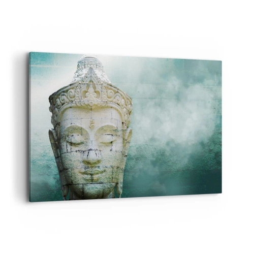 Impression sur toile - Image sur toile - Statue de Bouddha avec une douce brume sur un fond vert - 120x80cm - A la recherche de la lumière - Décoration murale moderne pour le salon et la chambre ARTTOR