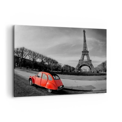 Impression sur toile - Image sur toile - Une voiture rouge avec la Tour Eiffel en arrière-plan dans un paysage en noir et blanc - 120x80cm - Plus parisien que Paris lui-même - Décoration murale moderne pour le salon et la chambre ARTTOR