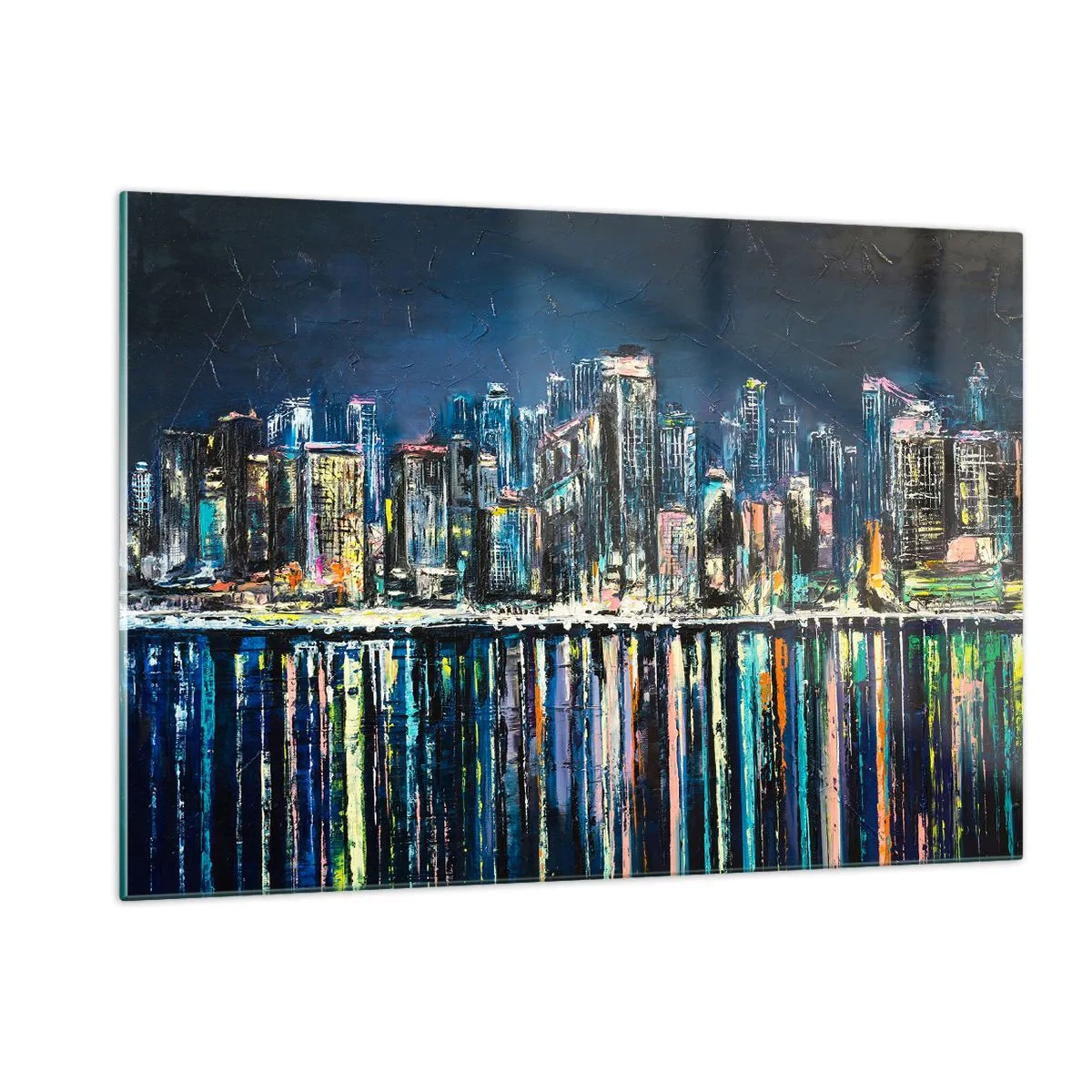 Impression sur verre - Image sur verre - Panorama de la ville la nuit avec les lumières se reflétant dans l'eau - 120x80cm - Cascade de lumières - Décoration murale moderne pour le salon et la chambre ARTTOR