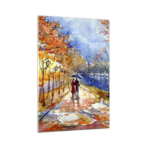Impression sur verre - Image sur verre - Une promenade d'automne dans le parc au bord de la rivière sous un parasol - 80x120cm - Ensemble jusqu'au bout du temps - Décoration murale moderne pour le salon et la chambre ARTTOR