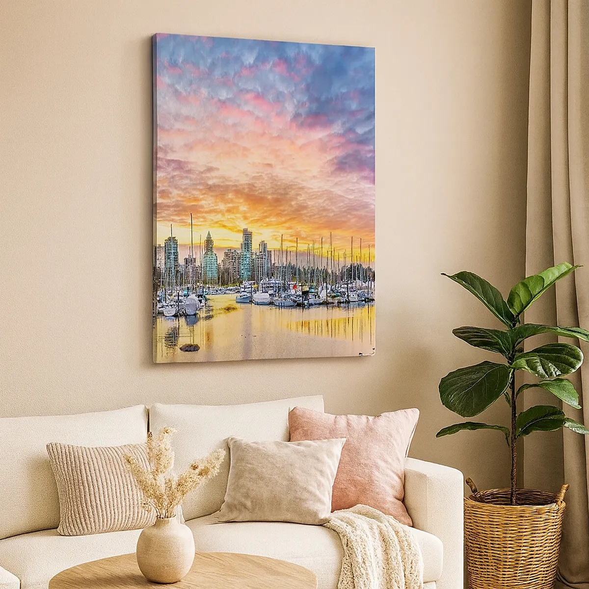 Impression sur toile - Image sur toile - Marina avec yachts et paysage urbain au coucher du soleil - 50x70cm - La cité aux mille marins - Décoration murale moderne pour le salon et la chambre ARTTOR