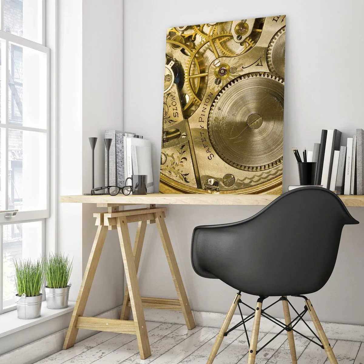 Impression sur verre - Image sur verre - Mécanisme de montre en finition dorée - 50x70cm - Marcher avec son temps - Décoration murale moderne pour le salon et la chambre ARTTOR