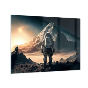 Impression sur verre - Image sur verre - Astronaute sur une planète extraterrestre avec un paysage montagneux - 70x50cm - Nouveau défi - Décoration murale moderne pour le salon et la chambre ARTTOR