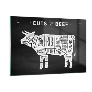 Impression sur verre - Image sur verre - Diagramme de coupe de bœuf sur un tableau noir - 120x80cm - L'art de la découpe - Décoration murale moderne pour le salon et la chambre ARTTOR