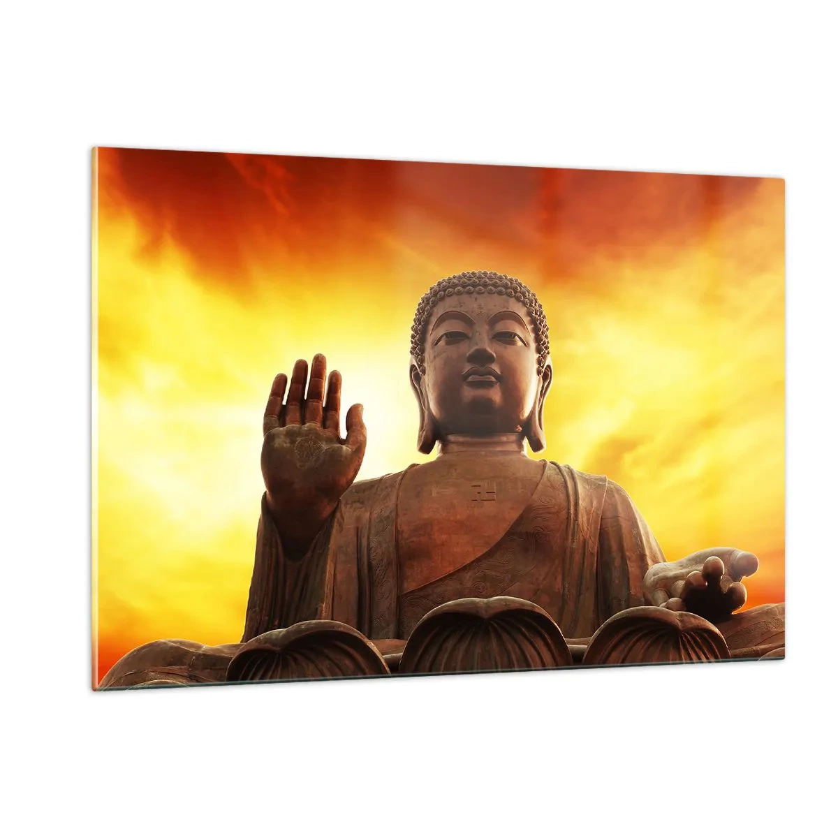 Impression sur verre - Image sur verre - Une statue de Bouddha sur fond de coucher de soleil doré - 120x80cm - La paix du monde - Décoration murale moderne pour le salon et la chambre ARTTOR