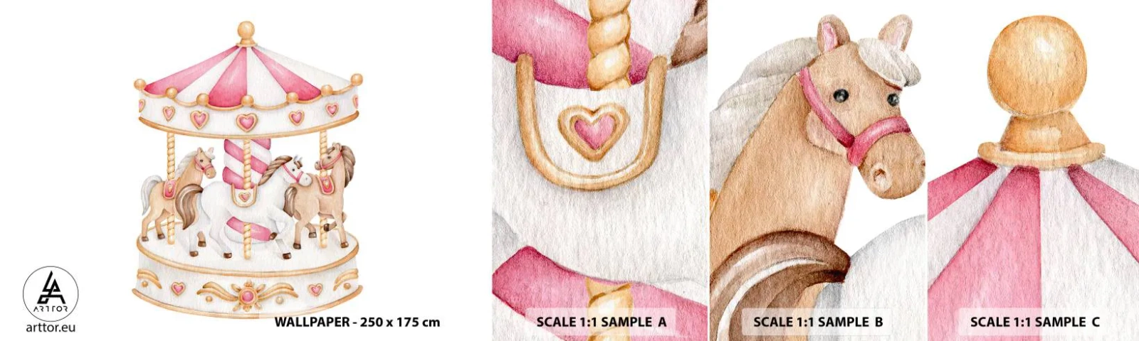 Échantillon de Papier Peint Autocollant Deluxe Sticker - Le doux monde de l'enfance - Manège, Fille, Les chevaux - 100x30 cm