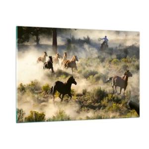 Impression sur verre - Image sur verre - Un troupeau de chevaux galopant dans la poussière et un cow-boy sur fond de nature - 120x80cm - Rivalité - liberté ou force masculine ? - Décoration murale moderne pour le salon et la chambre ARTTOR