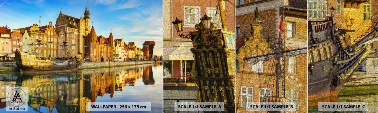 Échantillon de Papier Peint Premium Sand - Reflet dans le miroir du passé - Ville, Gdańsk, Architecture - 100x30 cm