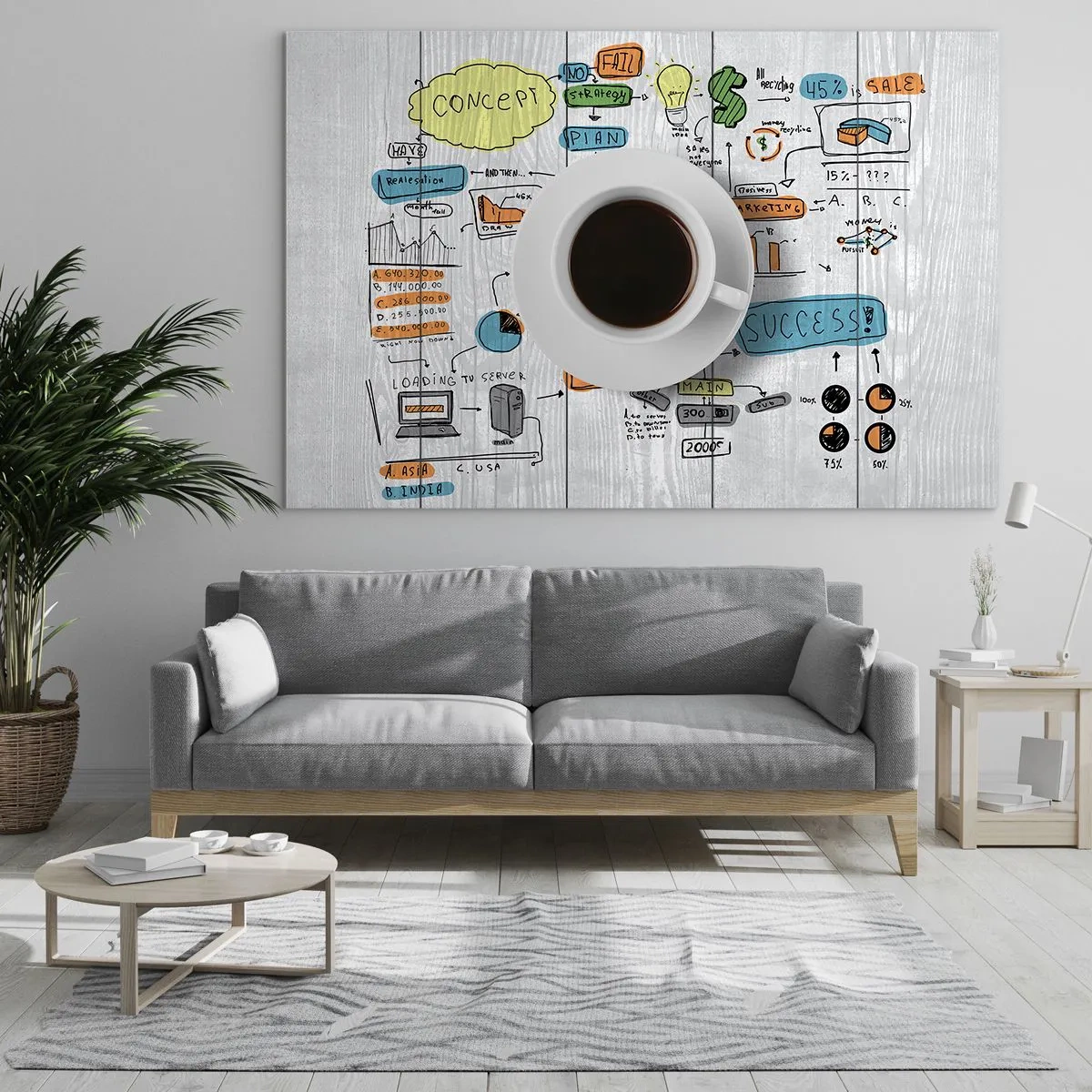 Impression sur verre - Image sur verre - Une tasse de café sur fond de diagrammes et de dessins conceptuels - 70x50cm - Il est temps de faire une pause - Décoration murale moderne pour le salon et la chambre ARTTOR