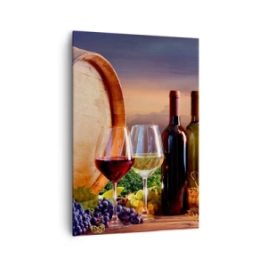 Impression sur toile - Image sur toile - Du vin, des verres et un tonneau dans un paysage pittoresque - 70x100cm - Ici la vie a du goût - Décoration murale moderne pour le salon et la chambre ARTTOR