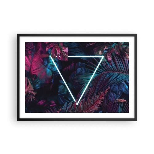Affiche dans un cadre noir - Poster - Un triangle néon entouré de feuilles tropicales aux couleurs sombres. - 70x50cm - Jardin de style disco - Décoration murale moderne pour le salon et la chambre ARTTOR