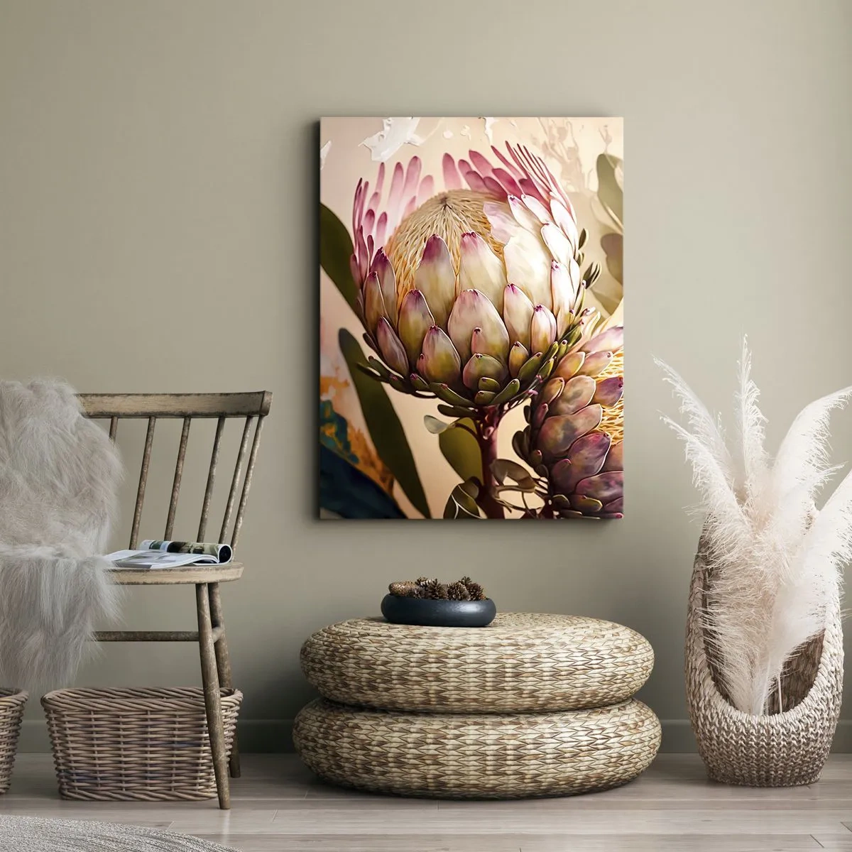 Impression sur toile - Image sur toile - Fleurs de protéa colorées sur un fond délicat - 50x70cm - Tendrement embrassé - Décoration murale moderne pour le salon et la chambre ARTTOR