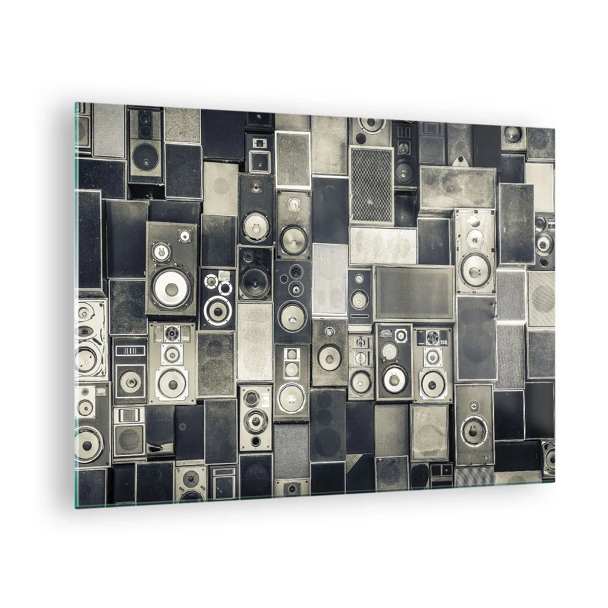 Impression sur verre - Image sur verre - Une composition d'enceintes rétro dans des tons de gris - 70x50cm - Tout va bien - Décoration murale moderne pour le salon et la chambre ARTTOR