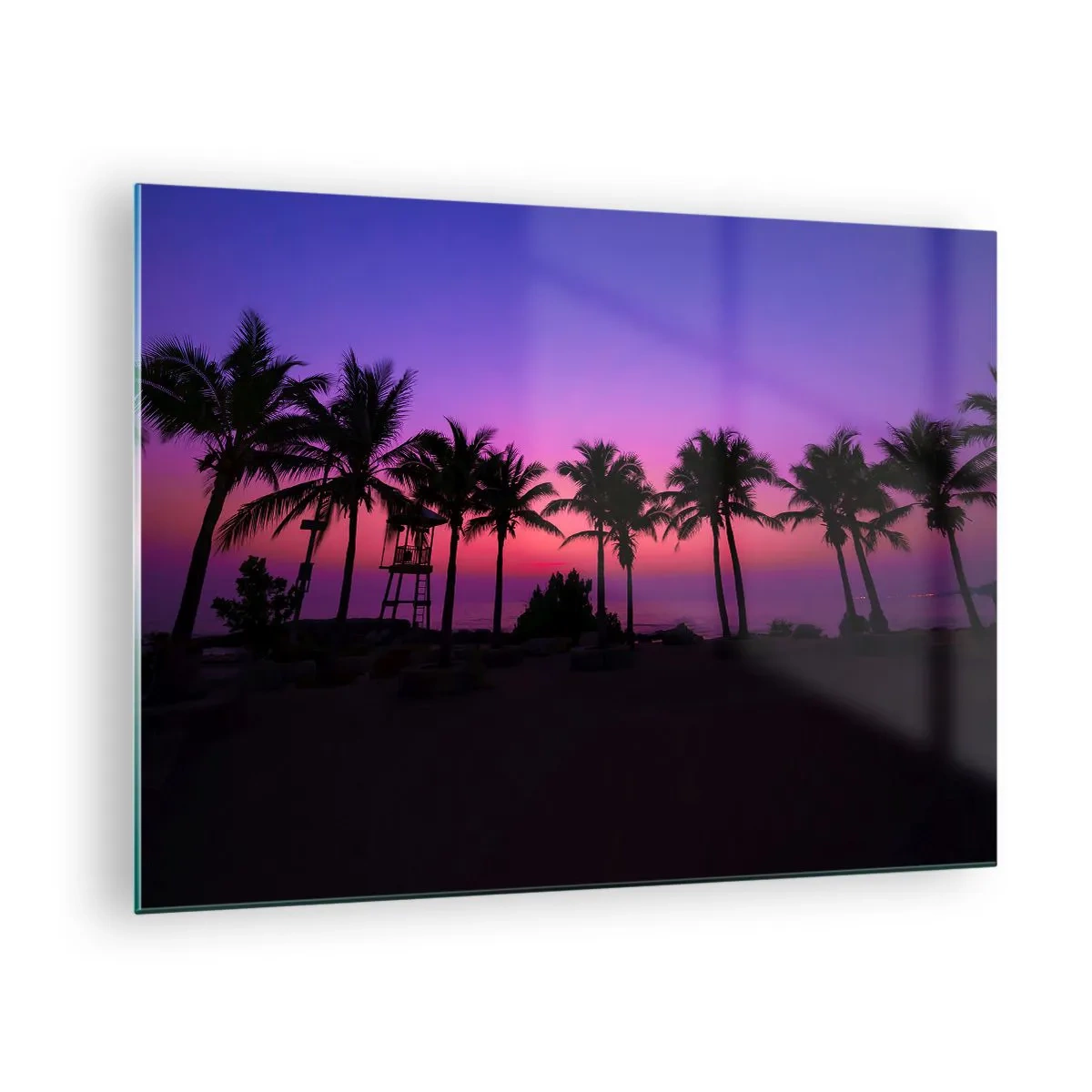 Impression sur verre - Image sur verre - Palmiers sur fond de coucher de soleil violet-rose - 70x50cm - Soirée sous les palmiers - Décoration murale moderne pour le salon et la chambre ARTTOR