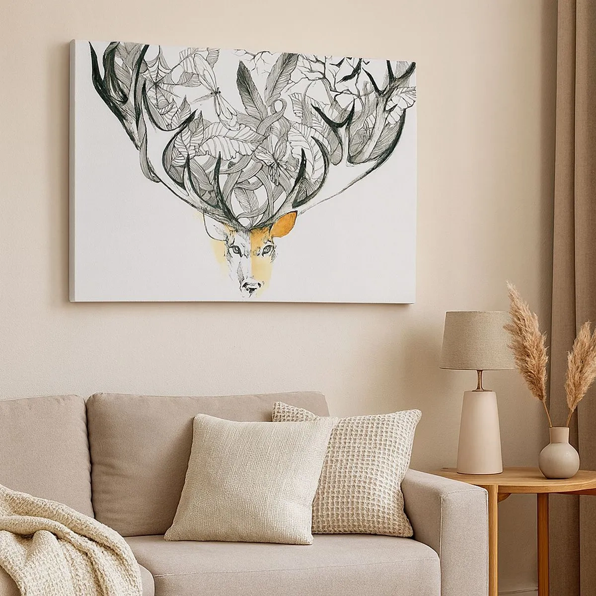 Impression sur toile - Image sur toile - Motif subtil de cerf avec bois décoratifs - 70x50cm - Corne d'abondance - Décoration murale moderne pour le salon et la chambre ARTTOR