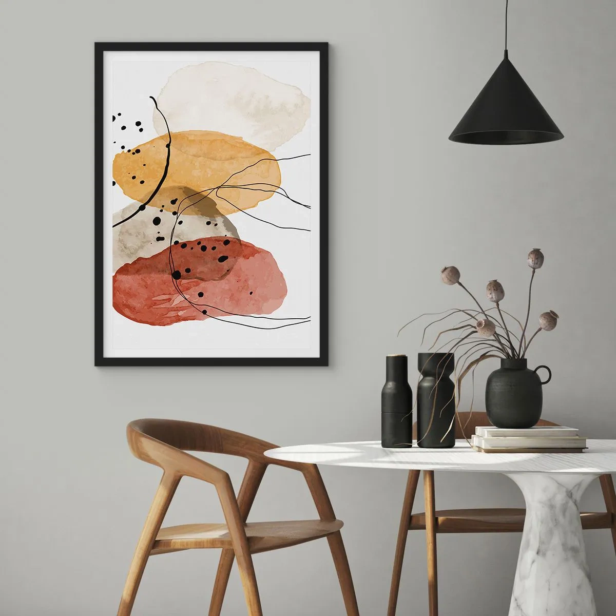 Affiche dans un cadre noir - Poster - Formes abstraites dans les tons beige, jaune et rouge - 50x70cm - Léger et transparent comme l'air - Décoration murale moderne pour le salon et la chambre ARTTOR