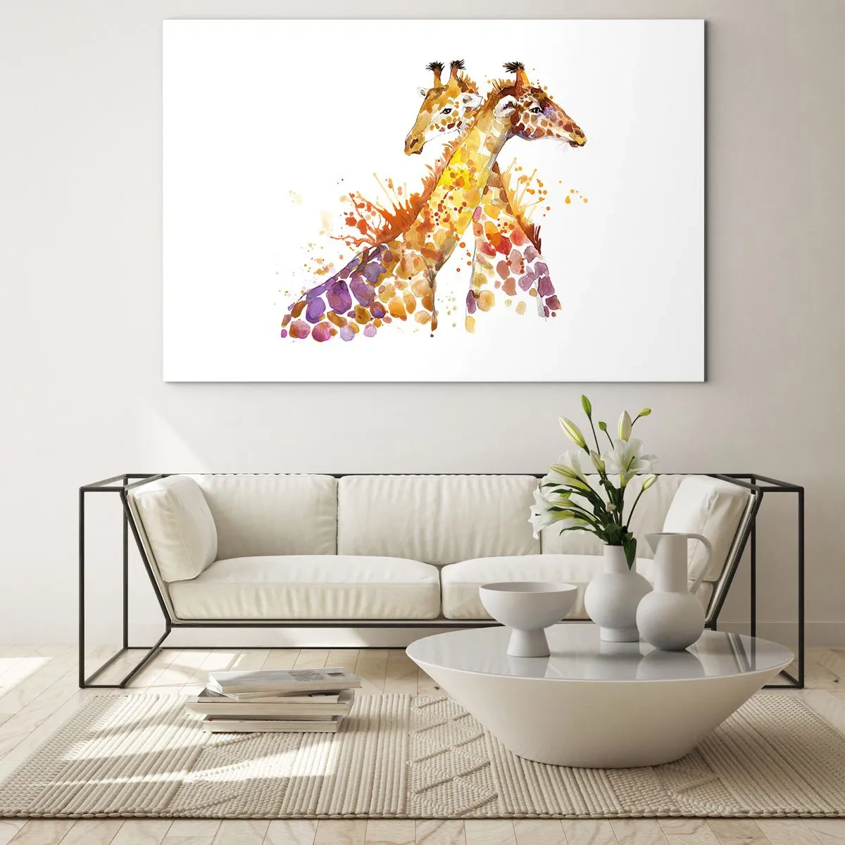 Impression sur verre - Image sur verre - Girafes artistiques en style aquarelle sur fond blanc - 120x80cm - Est-ce de l'amitié ou de l'amour? - Décoration murale moderne pour le salon et la chambre ARTTOR