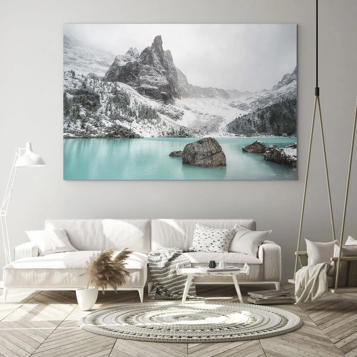 Impression sur verre - Image sur verre - Paysage d'hiver avec un lac turquoise - 70x50cm - Sur ses gardes - Décoration murale moderne pour le salon et la chambre ARTTOR
