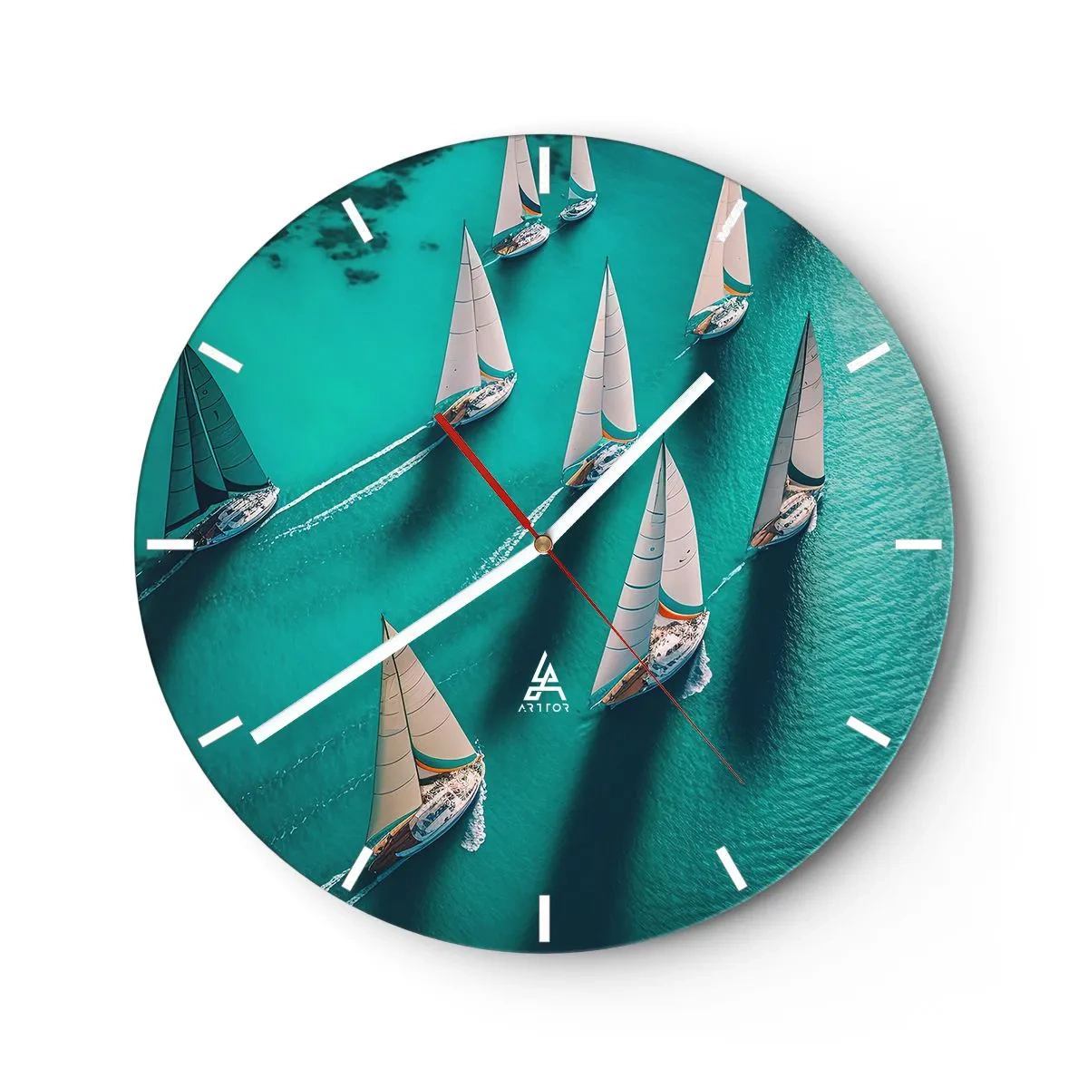 Horloge murale - Pendule murale - Des voiliers sur une eau turquoise dans un arrangement dynamique - 30x30cm - Dans une compétition avec le vent - Décoration murale moderne pour le salon, la cuisine et la chambre ARTTOR