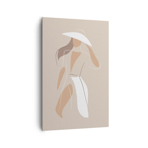 Impression sur toile - Image sur toile - Un dessin minimaliste d'une femme avec un chapeau sur fond beige. - 80x120cm - Lea mode est un jeu - Décoration murale moderne pour le salon et la chambre ARTTOR