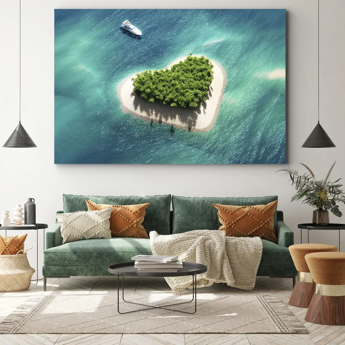 Impression sur toile - Image sur toile - Une île romantique en forme de cœur dans une mer turquoise - 120x80cm - J'aime l'été - Décoration murale moderne pour le salon et la chambre ARTTOR