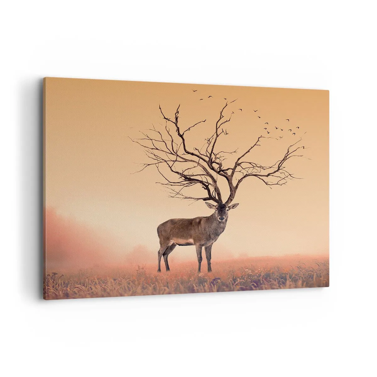 Impression sur toile - Image sur toile - Un graphique de cerf fantaisie avec des branches au lieu de bois - 100x70cm - Cerf de Pra - l'esprit éternel de la forêt - Décoration murale moderne pour le salon et la chambre ARTTOR