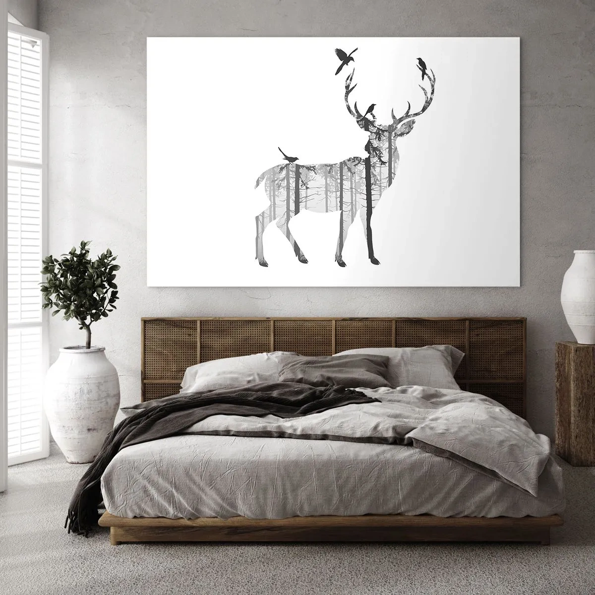 Impression sur verre - Image sur verre - Silhouette graphique d'un cerf avec un motif de forêt et d'oiseaux - 120x80cm - La bonne âme de la forêt - Décoration murale moderne pour le salon et la chambre ARTTOR