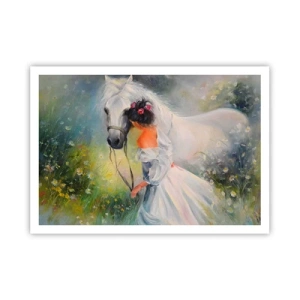 Affiche - Poster - Une femme avec un cheval blanc dans un cadre pittoresque - 100x70cm - Comme dans un beau rêve - Décoration murale moderne pour le salon et la chambre ARTTOR