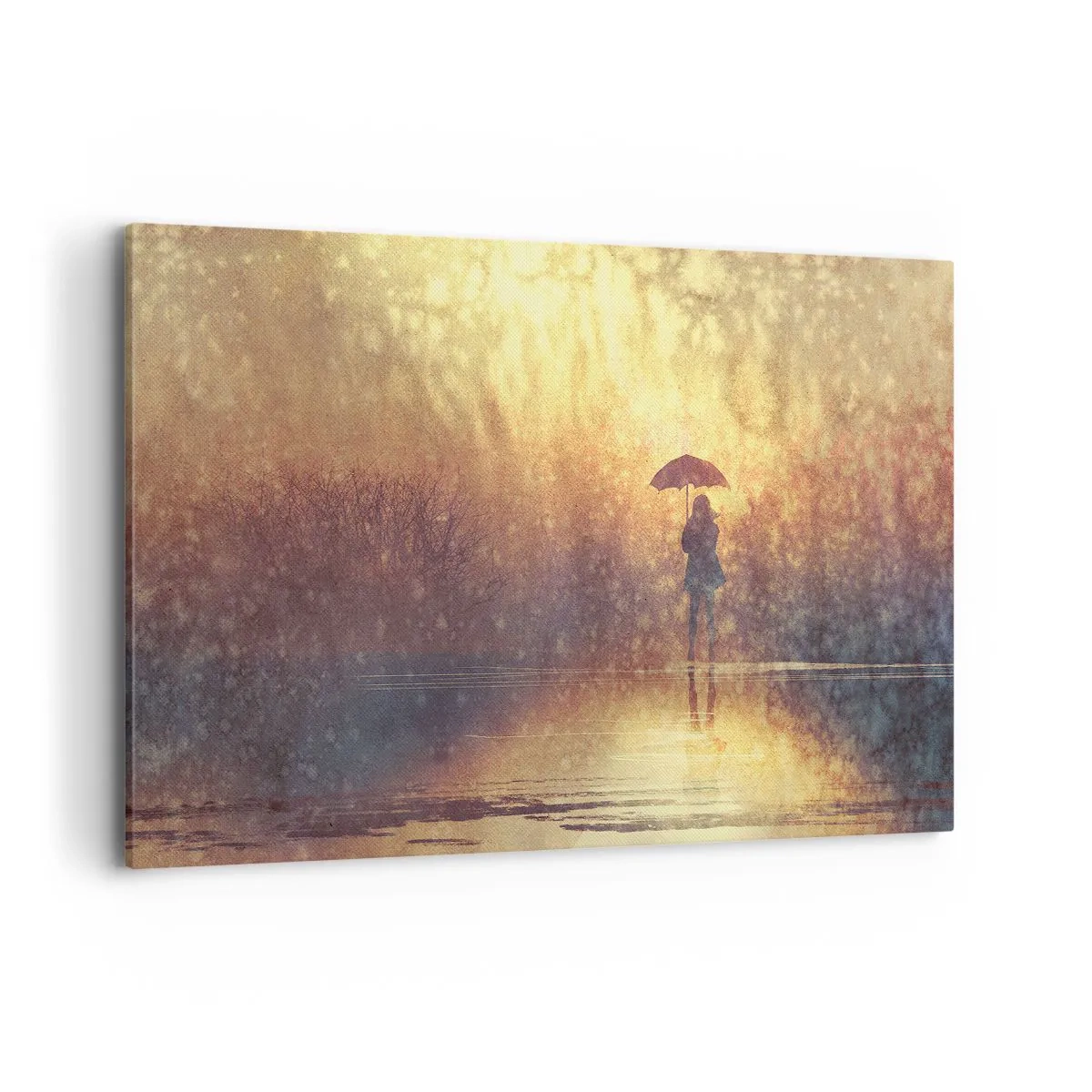 Impression sur toile - Image sur toile - Une silhouette avec un parapluie dans un paysage brumeux plein de reflets - 120x80cm - Je sens que quelqu'un me regarde - Décoration murale moderne pour le salon et la chambre ARTTOR