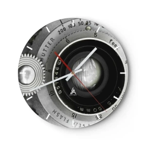 Horloge murale - Pendule murale - Gros plan d'un objectif d'appareil photo en noir et blanc - 30x30cm - Histoire d'Hollywood - Décoration murale moderne pour le salon, la cuisine et la chambre ARTTOR