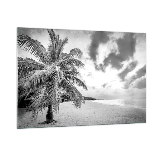 Impression sur verre - Image sur verre - Un palmier noir et blanc sur une plage déserte avec un ciel nuageux. - 120x80cm - Quand tu aspires à la solitude - Décoration murale moderne pour le salon et la chambre ARTTOR