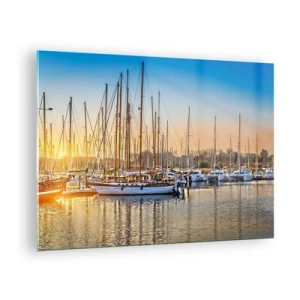 Impression sur verre - Image sur verre - Une marina pleine de voiliers à la lumière du soleil couchant - 70x50cm - Le vent aussi doit dormir - Décoration murale moderne pour le salon et la chambre ARTTOR