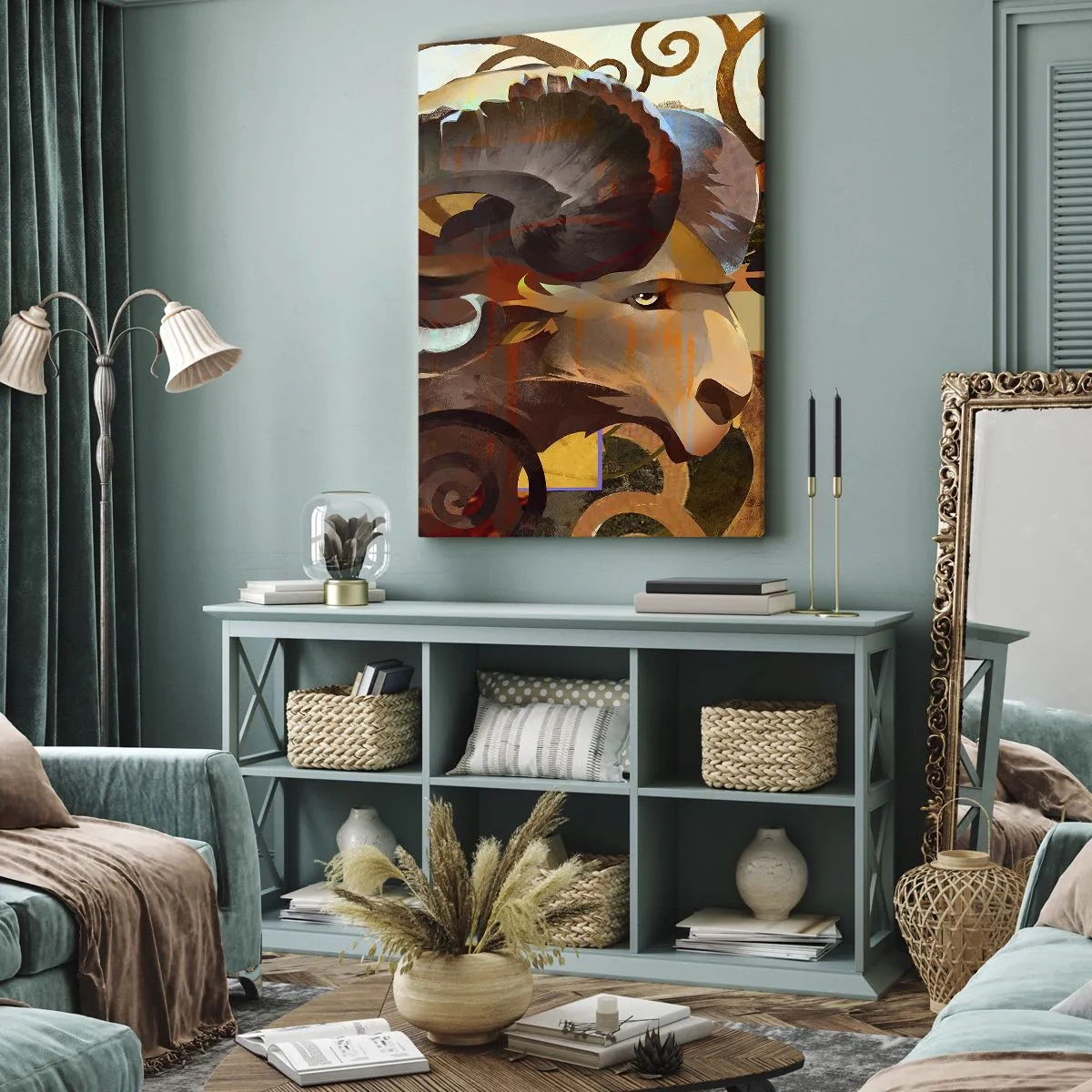 Impression sur toile - Image sur toile - Un bélier symbolique dans une composition abstraite - 70x100cm - Magie - religions - rituels - Décoration murale moderne pour le salon et la chambre ARTTOR