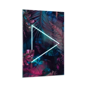 Impression sur verre - Image sur verre - Un triangle néon entouré de feuilles tropicales aux couleurs sombres. - 70x100cm - Jardin de style disco - Décoration murale moderne pour le salon et la chambre ARTTOR