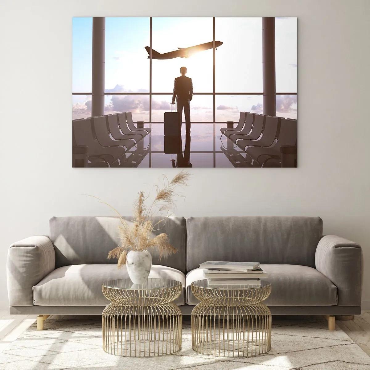 Impression sur verre - Image sur verre - Un homme avec une valise à l'aéroport regardant un avion décoller. - 120x80cm - Vous avez le temps, ralentissez - Décoration murale moderne pour le salon et la chambre ARTTOR