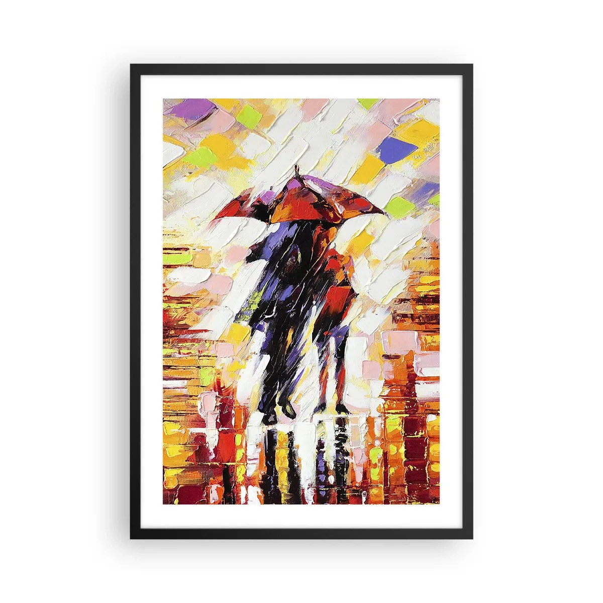 Affiche dans un cadre noir - Poster - Un couple sous un parapluie dans une abstraction colorée - 50x70cm - Ensemble à travers la nuit et la pluie - Décoration murale moderne pour le salon et la chambre ARTTOR
