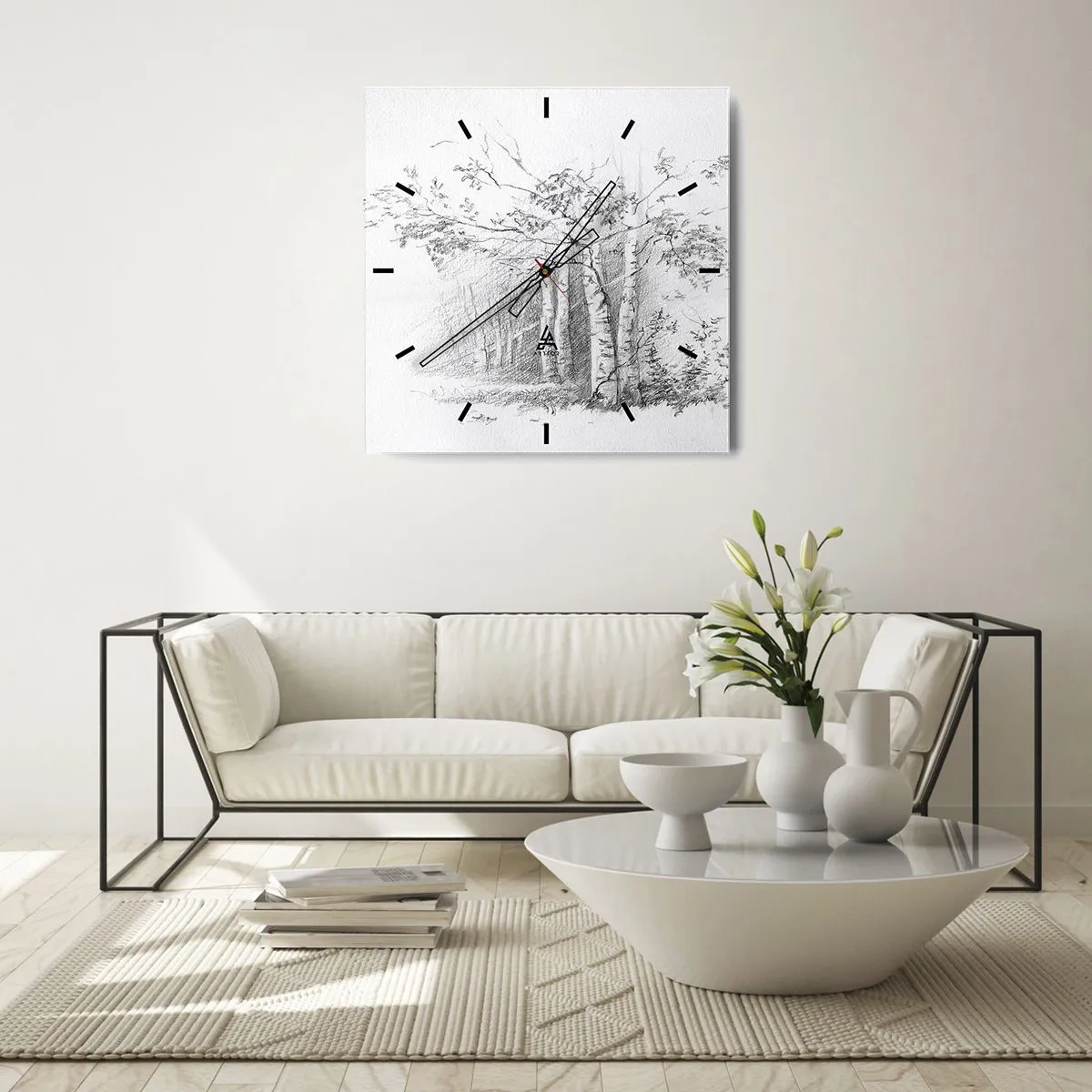 Horloge murale - Pendule murale - Un dessin d'une forêt de bouleaux dans un croquis au crayon subtil - 30x30cm - Lumière d'une forêt de bouleaux - Décoration murale moderne pour le salon et la chambre ARTTOR