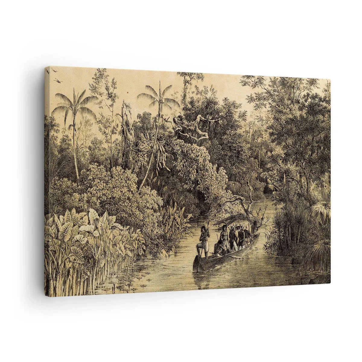 Impression sur toile - Image sur toile - Dessin d'une jungle avec un bateau sur une rivière - 70x50cm - Expédition à la source - Décoration murale moderne pour le salon et la chambre ARTTOR