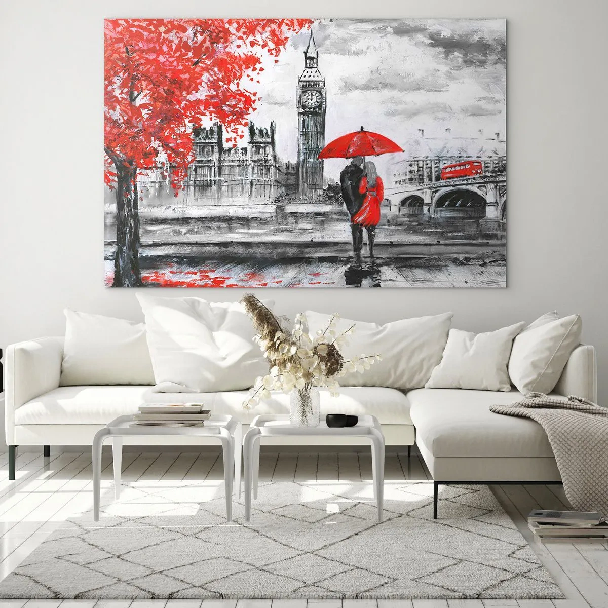 Impression sur verre - Image sur verre - Un couple sous un parapluie rouge avec Big Ben et des arbres d'automne en arrière-plan. - 100x70cm - Amoureux de Londres - Décoration murale moderne pour le salon et la chambre ARTTOR