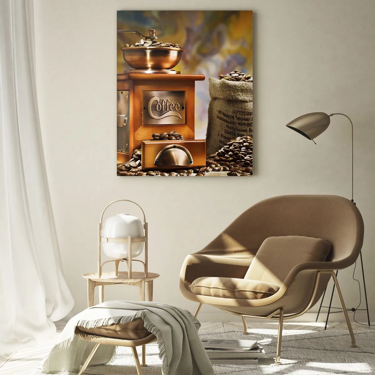 Impression sur verre - Image sur verre - Moulin à café, grains et une tasse sur une table en bois - 50x70cm - Le craquement des grains, le cliquetis d'un moulin - Décoration murale moderne pour le salon et la chambre ARTTOR
